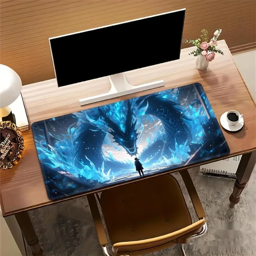 Tapis de bureau XXL antidérapant en caoutchouc avec design anime haute définition dragon et fille, repose-poignets et tapis de souris inclus