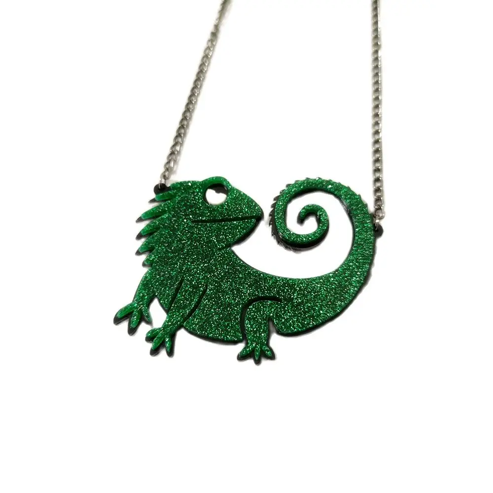 KUGUYS Lizard Chameleon Pendant Necklace for Women Men Green Glitter Acrylic Animal Black Chain Fashion Jewelry Accessories