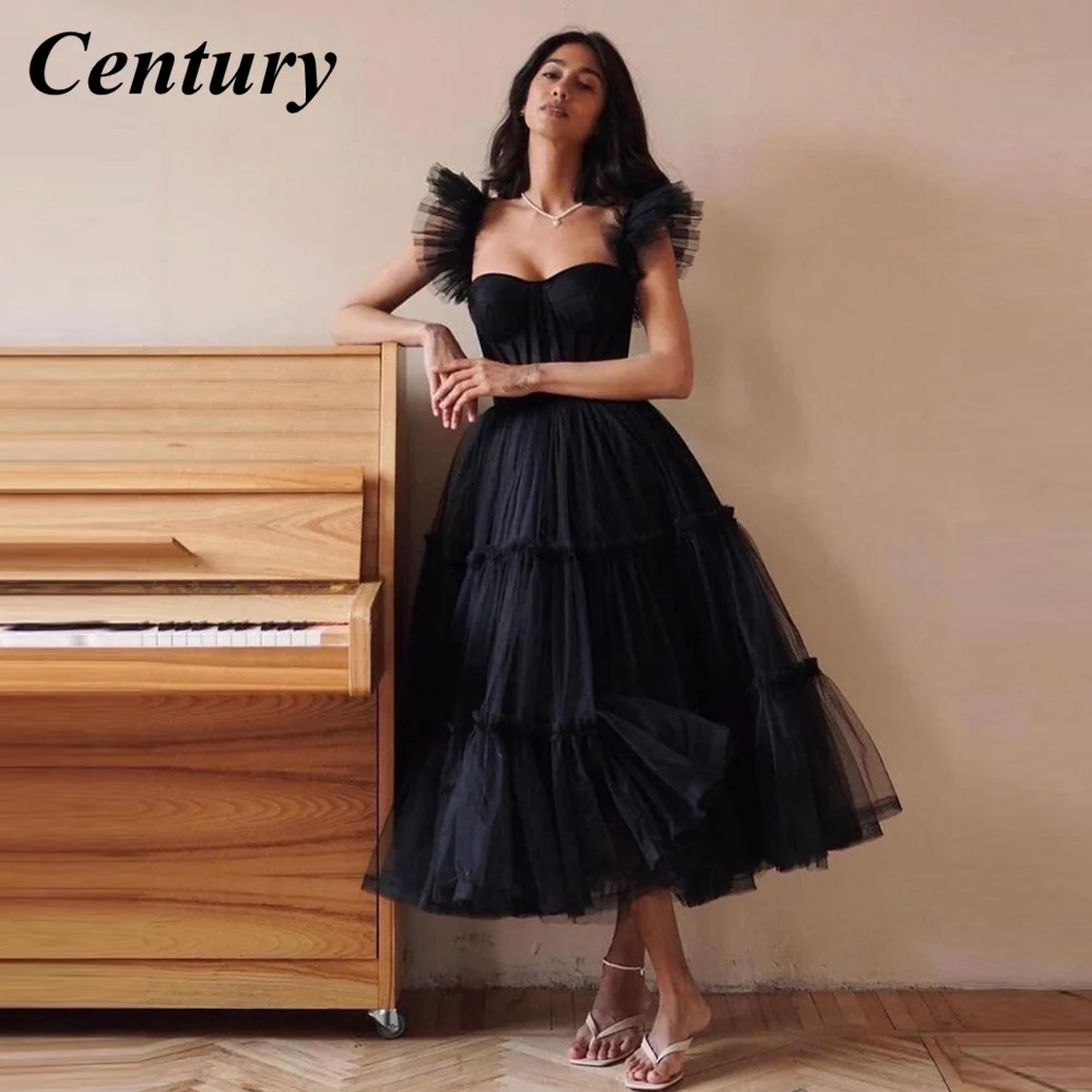 

Century Black Tulle A Line Prom Dresses 2022 Strap Sweetheart Bone Tea Length Evening Party Gowns Women Simple Event Gown Outfit