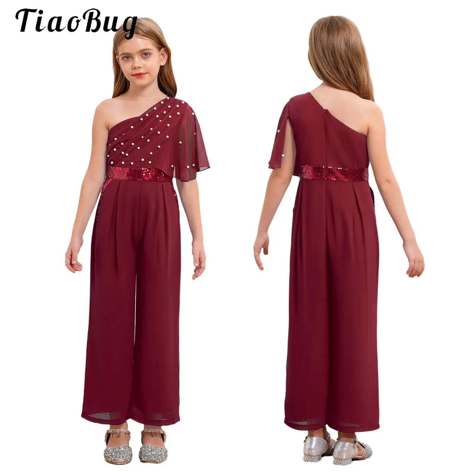 

Girls Elegant Party Jumpsuit One-Piece Pearls Sequin Rompers One-Shoulder Wide Leg Full Body Suit for Ceremony Evening Birthday