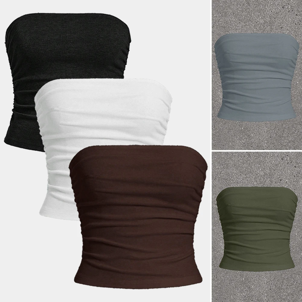 

2025 New Arrival Chic Tube Top Ruched Design Elastic Fabric for Summer Holiday Spring Daily Wear Fashionable Slim Fit