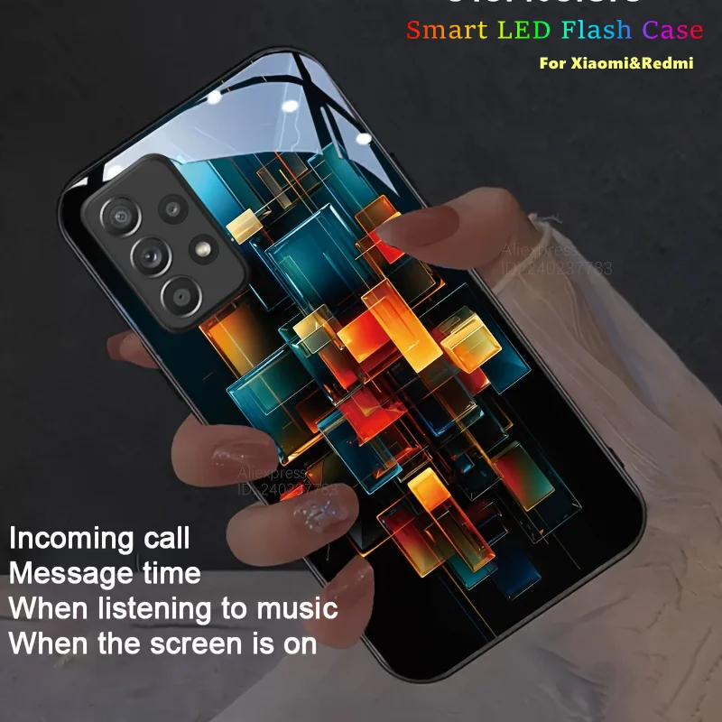 

For Redmi 13C 14C 10A 10C 12 13 14 3D Cube Geometric LED Flash Case For Redmi Note 11 11s 12 13 14 Pro Plus K40 K50 Gaming Cover