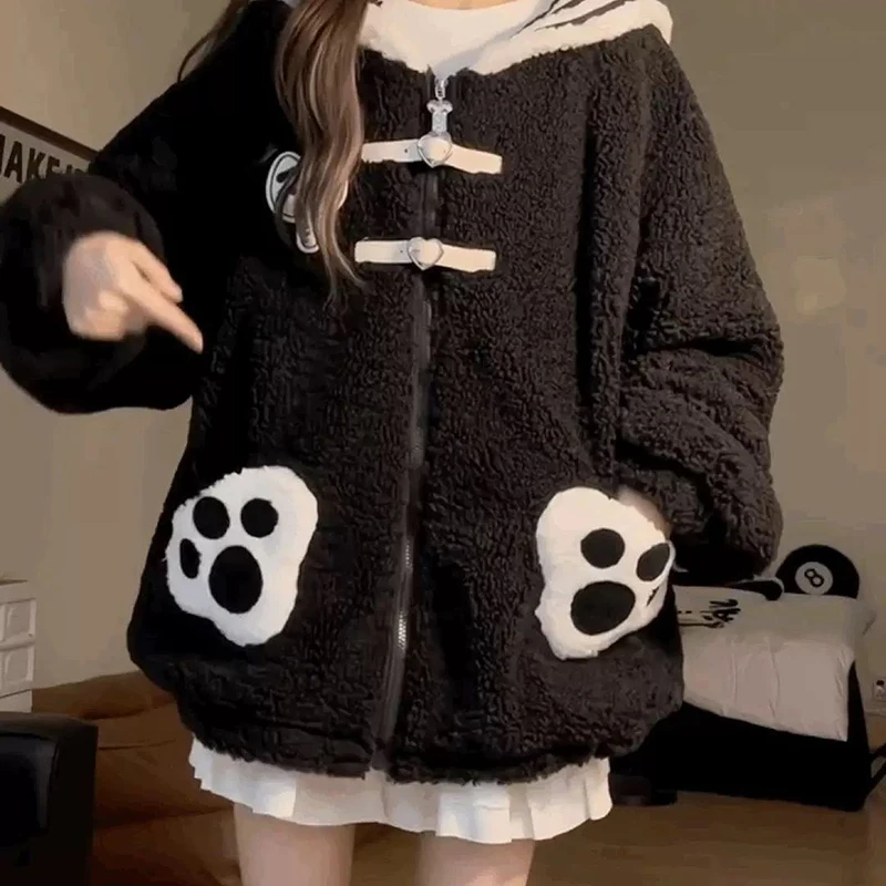 سترة نسائية من القص الصناعي Preppy معطف كاواي لطيف أسود بأكمام طويلة Harajuku Y2K أنيمي بياقة بحار ملابس خارجية سميكة ودافئة #5