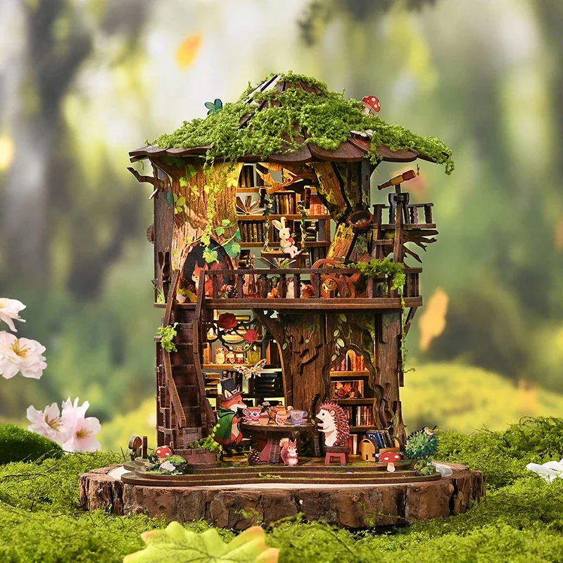 DIY Wooden Forest Tea Book Club Book Nook Miniature Model Kits With Furniture LED Lights Dollhouse for Friends Birthday Gifts