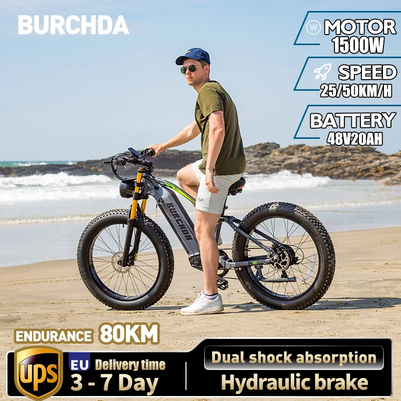 BURCHDA RX80 1500W50KM/H Mountain Electric Bicycle 48V20AH Lithium Battery 26 Inch Fatbike Electric Bike For Adults Motorcycle