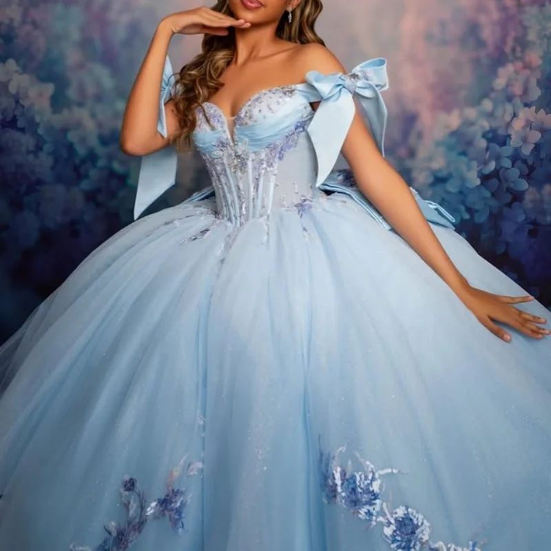 

Aqua Blue Quinceanera Dress Crystal Glitter Flower Decal 3D Flower Long tail Bow Vestidos De 15 Quinceanera ﻿Customize