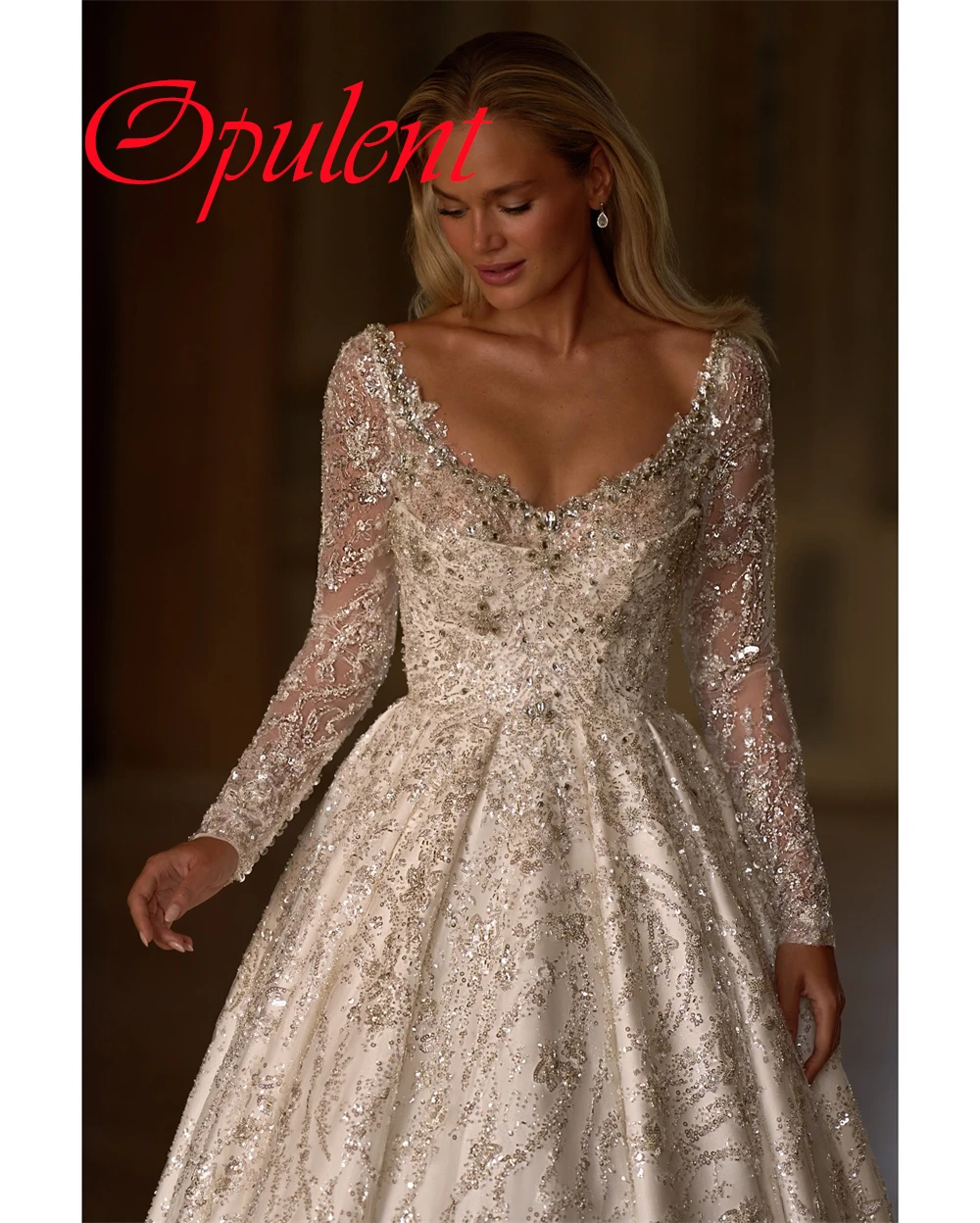 Personalizado requintado branco organza vestido de casamento luxo com decote em v mangas compridas festa de noiva delicado rendas até voltar vestido de novia