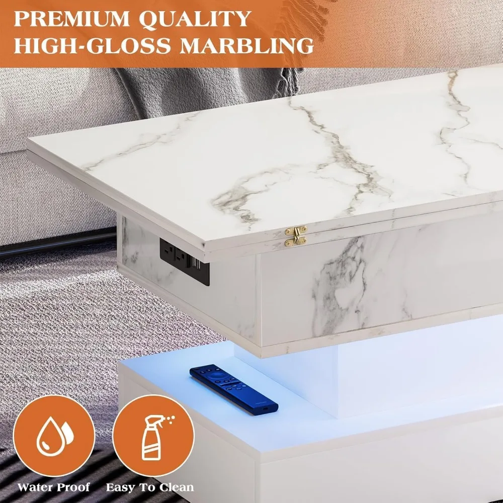 Charging Station Coffee Table with LED Light and Storage, High-Gloss Marbling Print