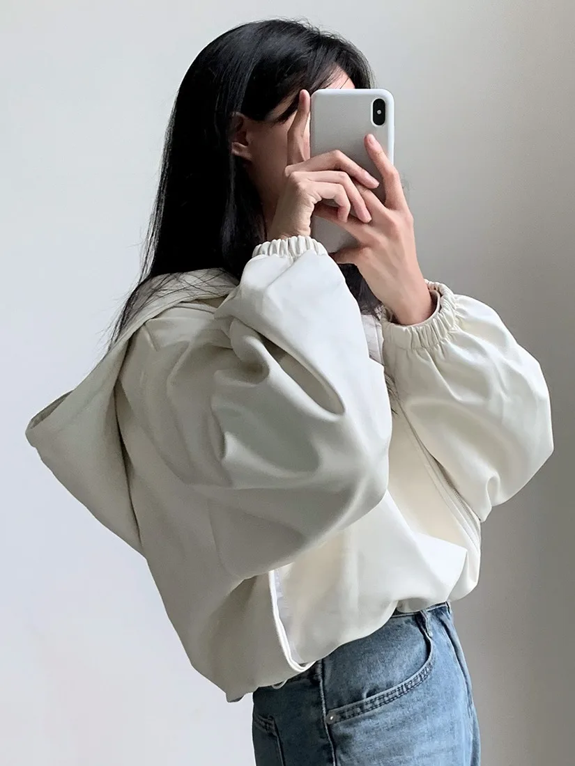  chaqueta de cuero con capucha y cremallera hoada Vintage para mujer, ropa de abrigo de estilo corto con cordón en la c...