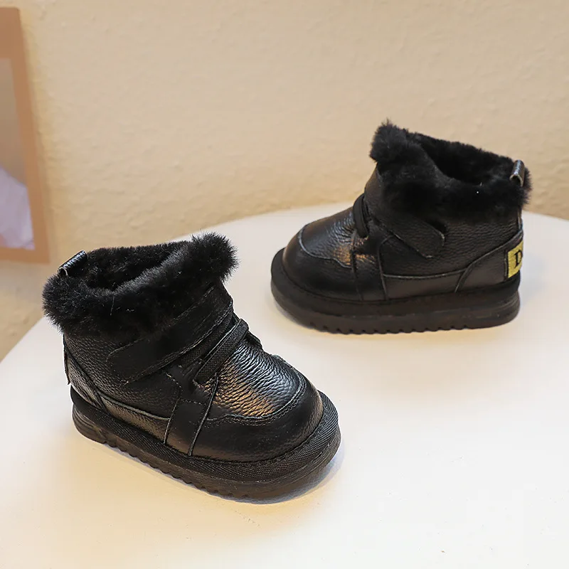 Baby Cow Leather Snow Boots Boys Warm Cotton Shoes Girls Genuine Leather Winter Short Boots