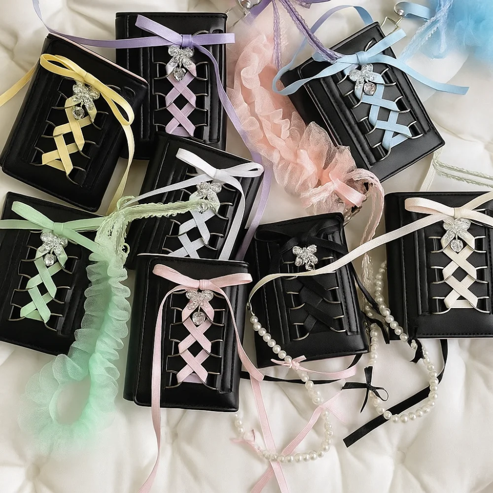 Korean Style Balletcore Three Fold Wallet Heart Crystal Silk Ribbon Bow Cash Purse Bag Short PU Leather