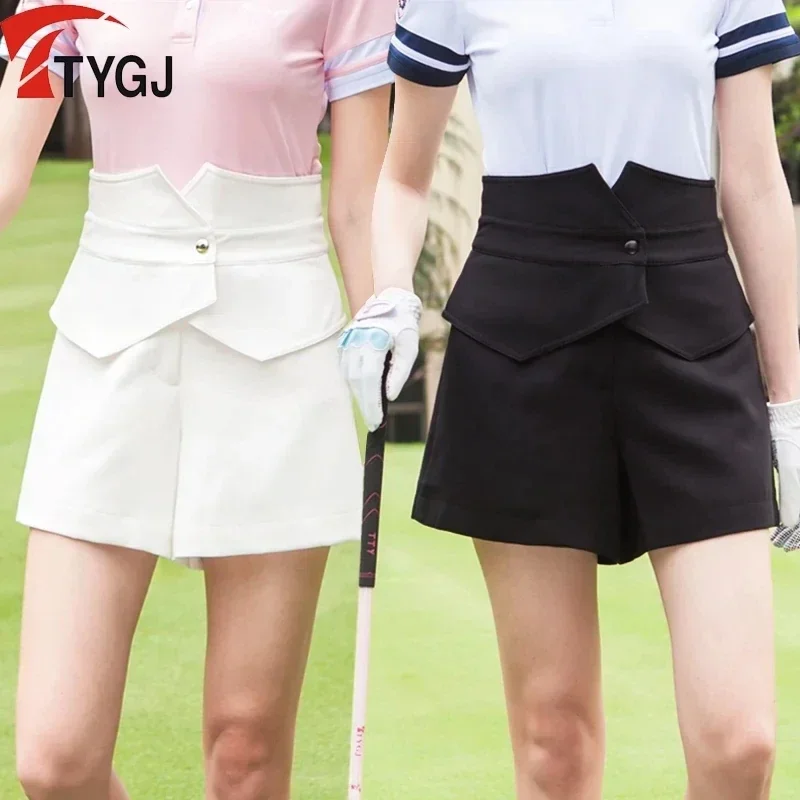 TTYGJ Women Short Sleeve Golf Polo Shirts Patchwork Slim Tops Summer Girls Breathable Thin Shorts Slim High Waist Golf Shorts