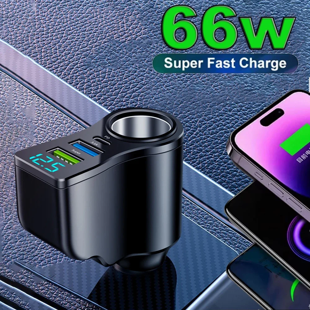 

Автомобильное зарядное устройство 4-в-1, адаптер питания, распределитель с 2 USB-портами, USB Type-C PD, быстрая зарядка с цифровым дисплеем, 12 В-24 В