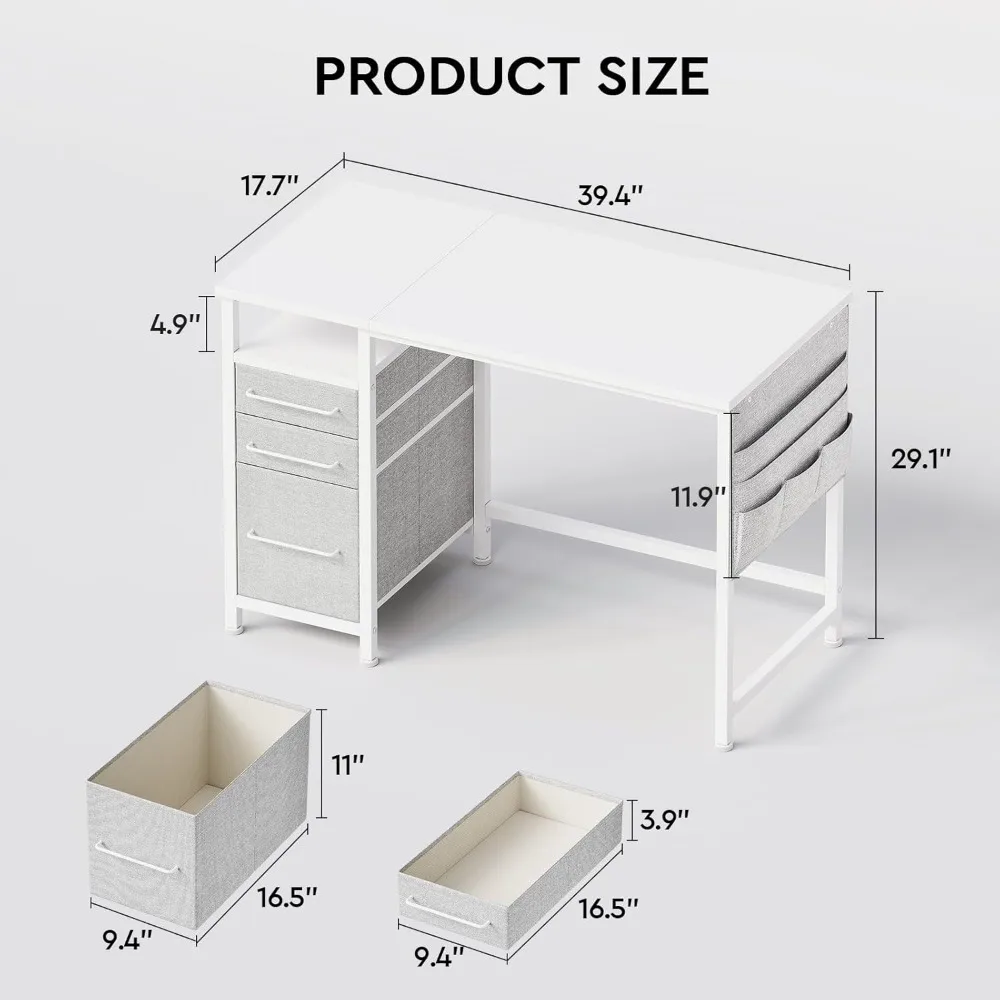 مكتب مدمج مقاس 40 بوصة مع أدراج وأرفف تخزين، مثالي لمساحات المكاتب الصغيرة ومكاتب الكتابة مع حل تخزين كافية