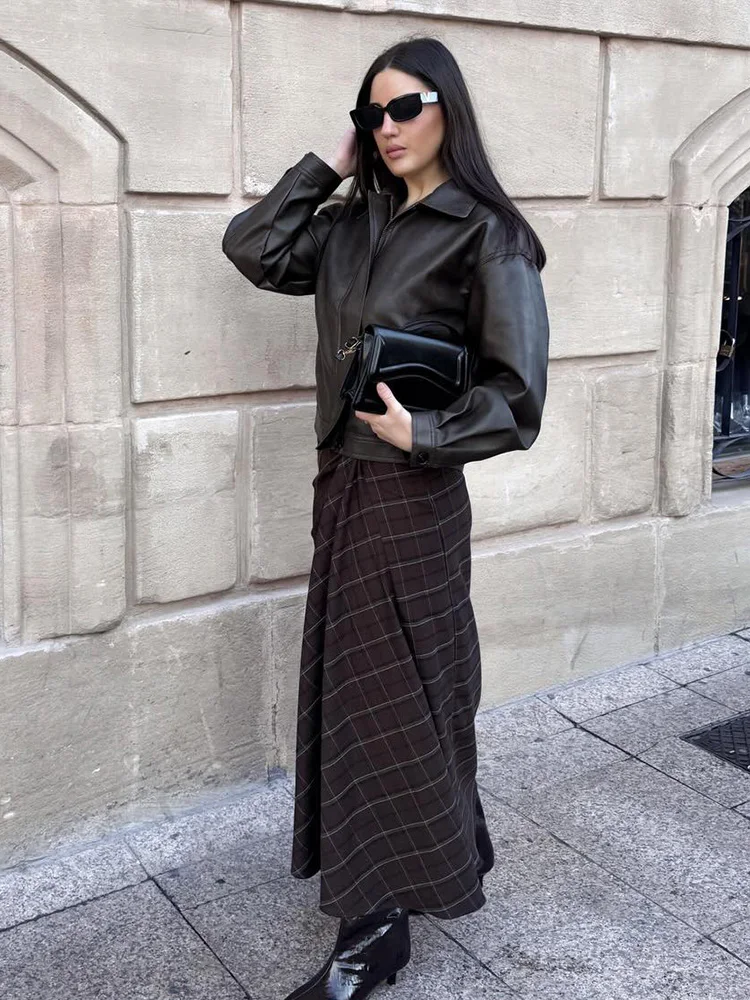 

HH женская новая мода винтажная универсальная плиссированная клетчатая юбка на молнии женская средняя талия High Street повседневная длинная юбка миди с разрезом по подолу