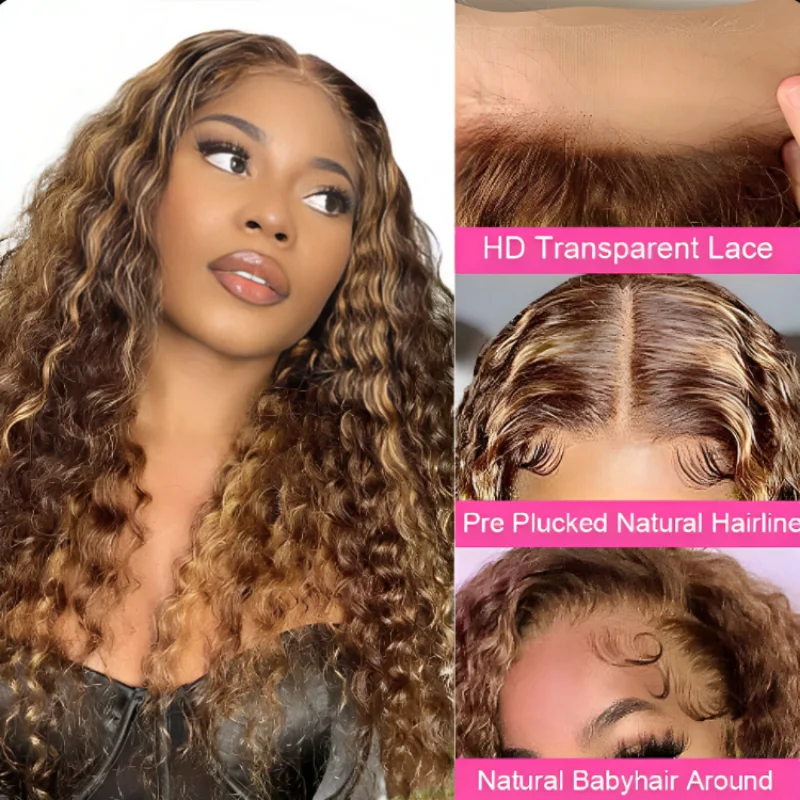 Highlight colored 13x6 deep wave hd lace frontal full human hair wig for women Brazilian prepluck water wave curly wigs on sale