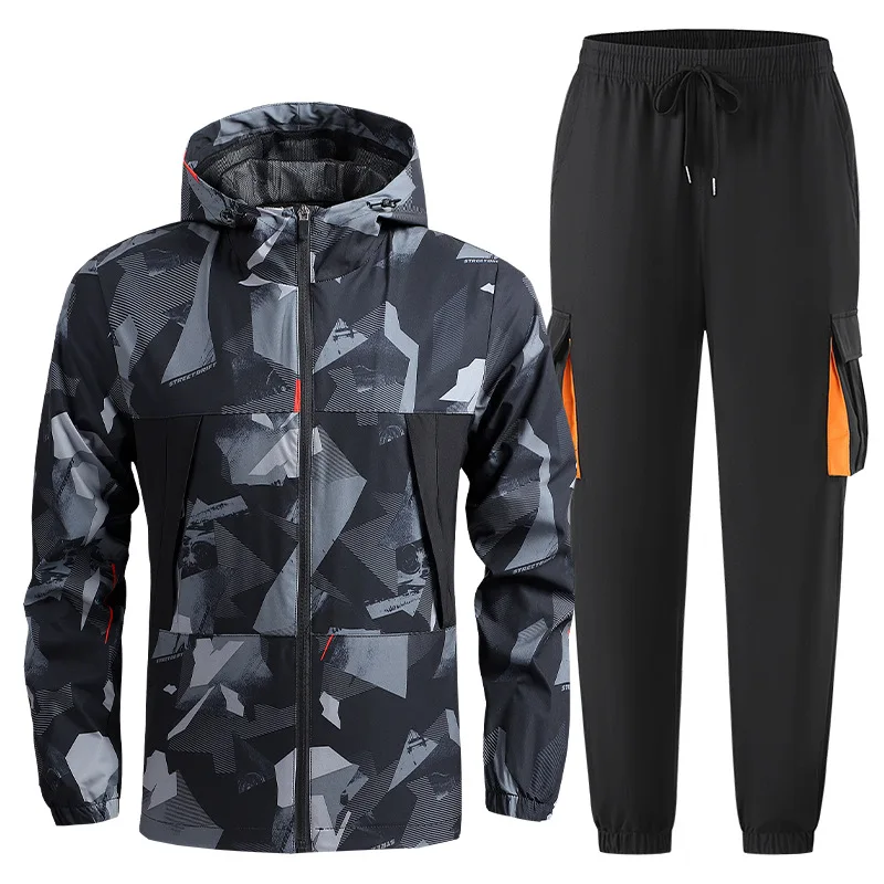 Men's Spring and Autumn Mountain Climbing Jacket and Pants Set, Thin Casual Outdoor Sports Hooded Jacket with Leggings Pants