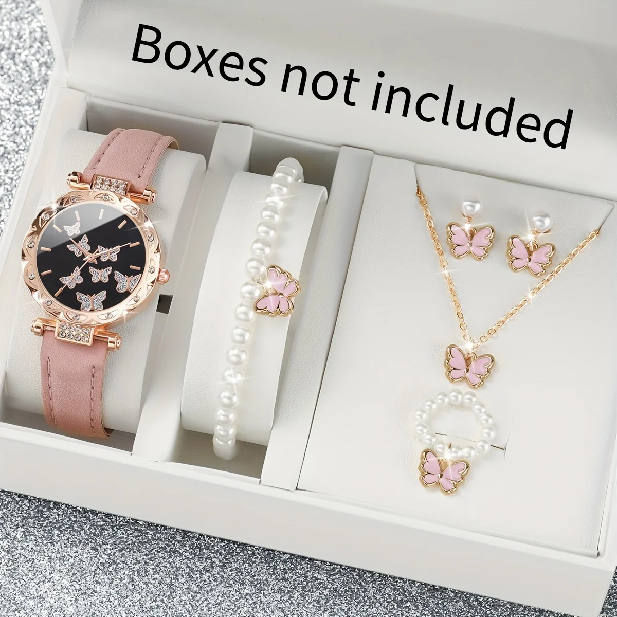 

6 Pcs Round Quartz Watches PU Leather Strap Zinc Alloy Pointer Zinc Alloy Case And Faux Pearl Bracelet Necklace Earrings Jewelry