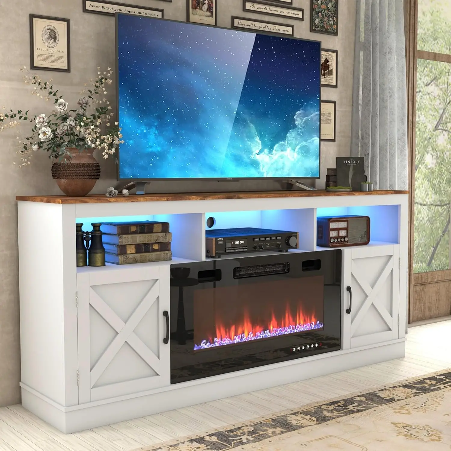 Farmhouse Fireplace TV Stand for 70/75/80 Inch TV, 32”Tall Entertainment Center  LED Light, 70”Media Console , White