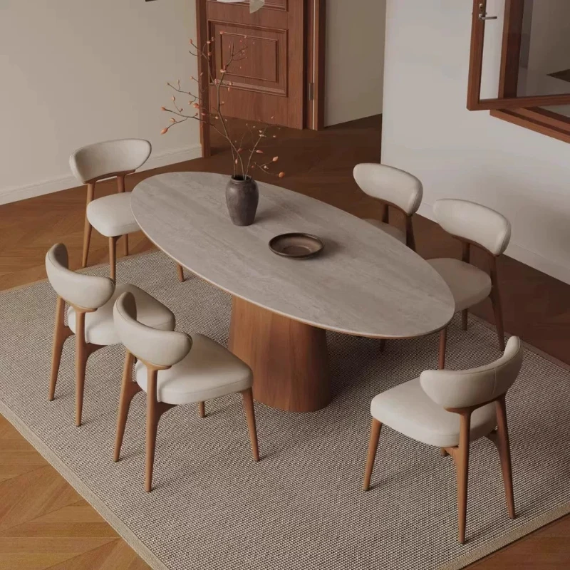 Designer-Esstisch-Set mit ovalen Stühlen, Dekorationen, Massivholz-Marmor-Esstisch, Wohnzimmer, moderne Esszimmertisch-Möbel