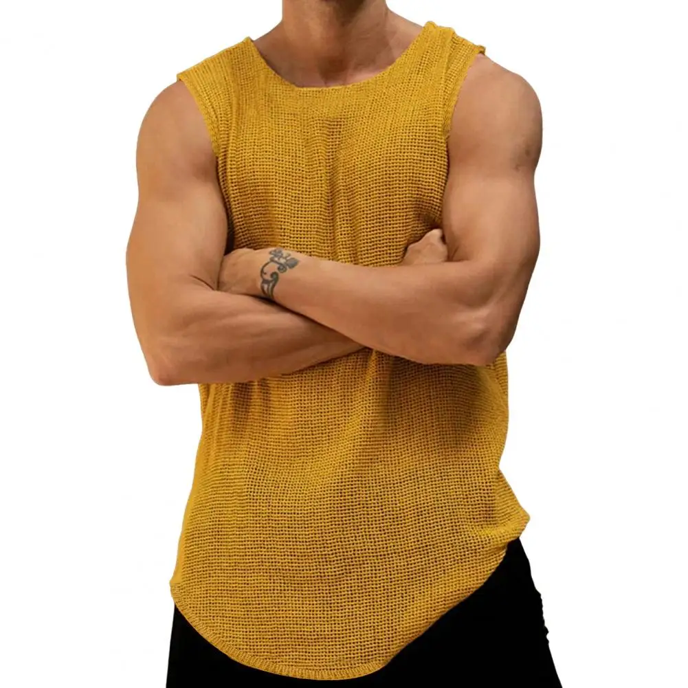 

Running Men Summer Vest Round Neck Sleeveless Knitting Vest Solid Color Loose Bodybuilders Gym Camisole Sports