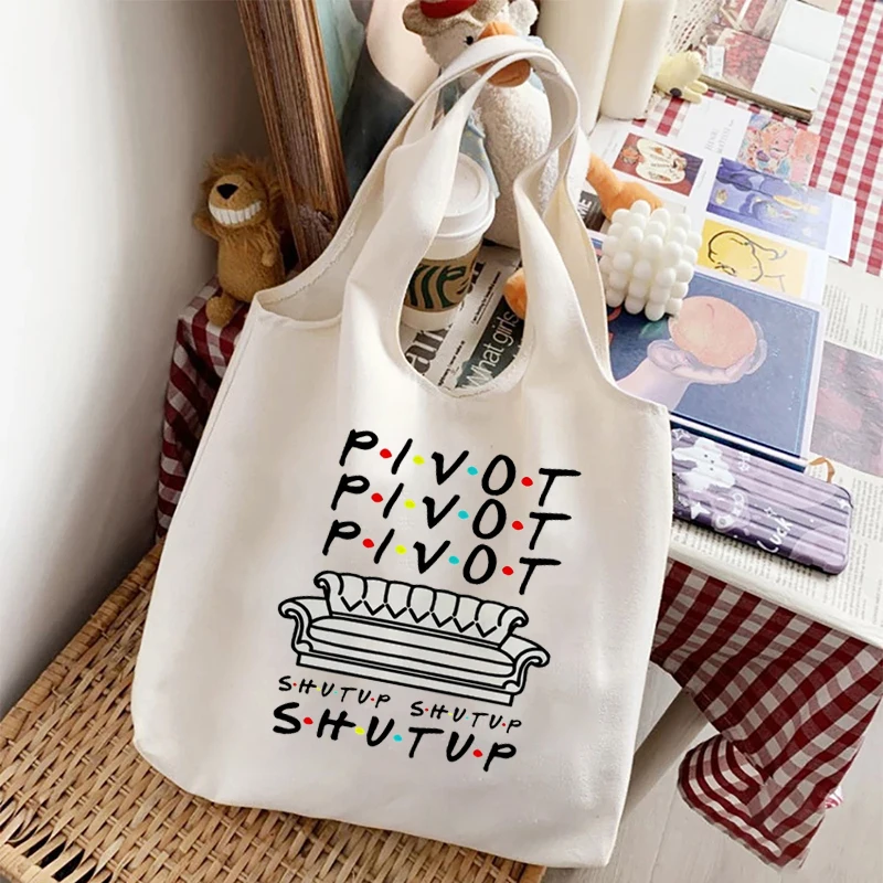 Pivot Shut Up Print Canvas Tote Bag Reusable Supermarket Shopping Bag Large Capacity Portable Travel Storage Tote Bag Organizer