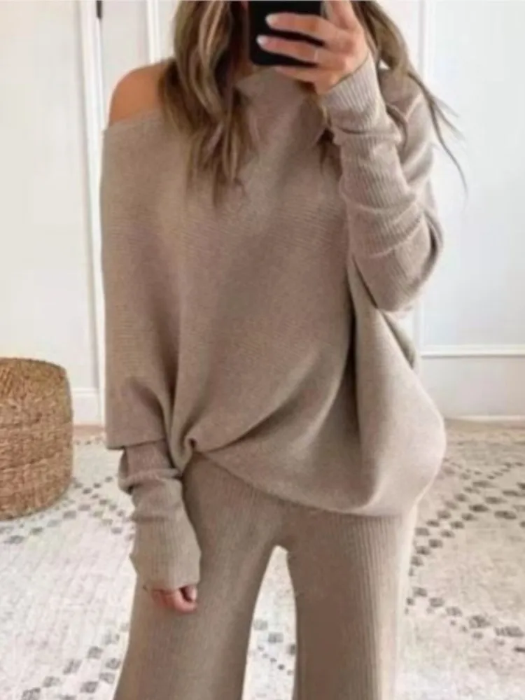 Fashion One-shoulder Long-sleeved Top + Straight Pants 2-piece Set Women Autumn Winter Solid Color Casual Knitted Suit Female