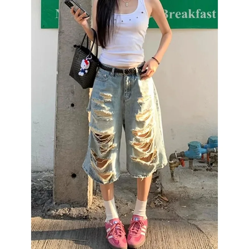

Multiple Holes Hollow Out Blue Shorts Women's Summer Cool Girl Calf-length Jeans Female High Waist Capris Denim Pants