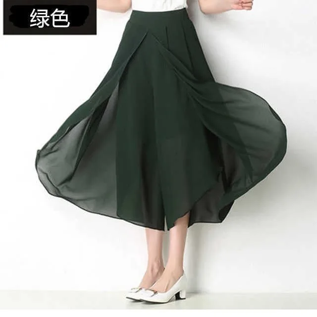 ชีฟองสีทึบกางเกงขากว้างเก้าส่วนแฟชั่นฤดูร้อนใหม่เอวสูงสบายๆเส้นด้ายตาข่ายบางกางเกงหลวมสําหรับผู้หญิง