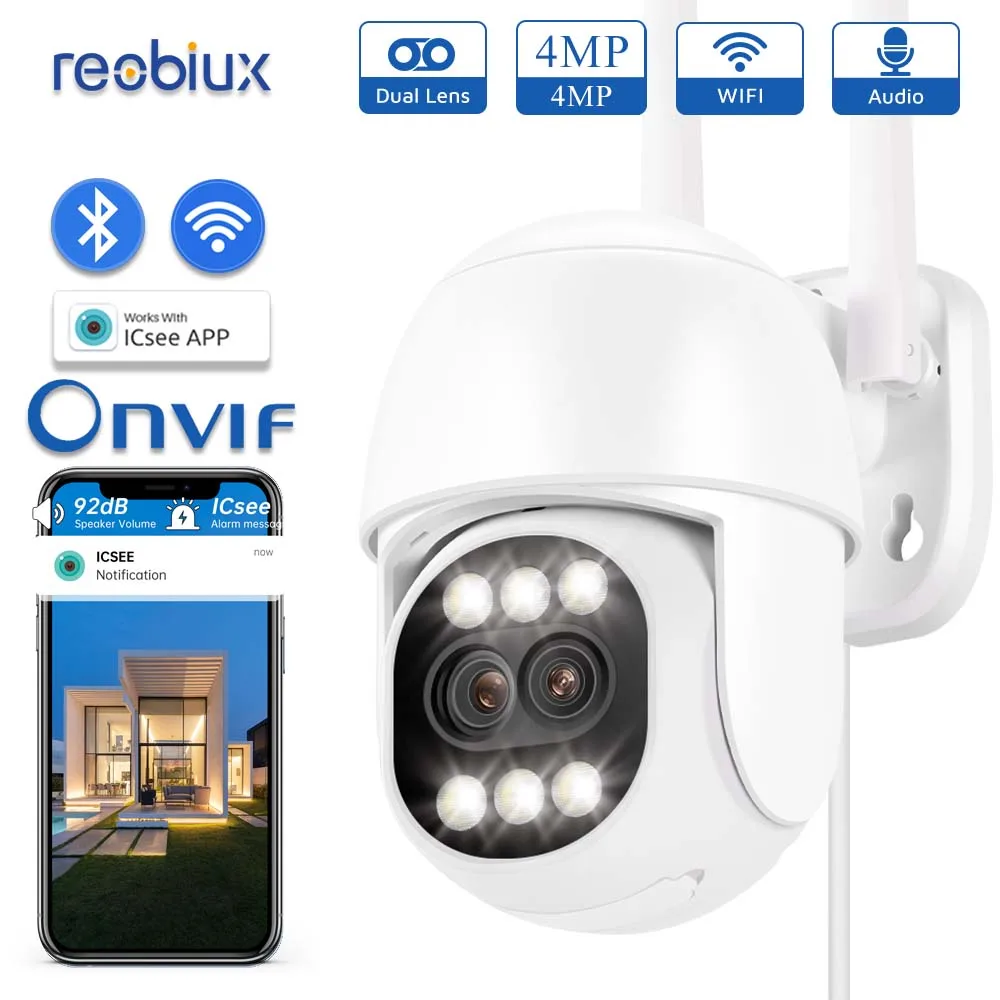 Reobiux-Caméra de surveillance PTZ IP WiFi 4MP/2K, dispositif de sécurité sans fil, avec lentille pour touristes, compatible NVR/UNVIF et ICN2