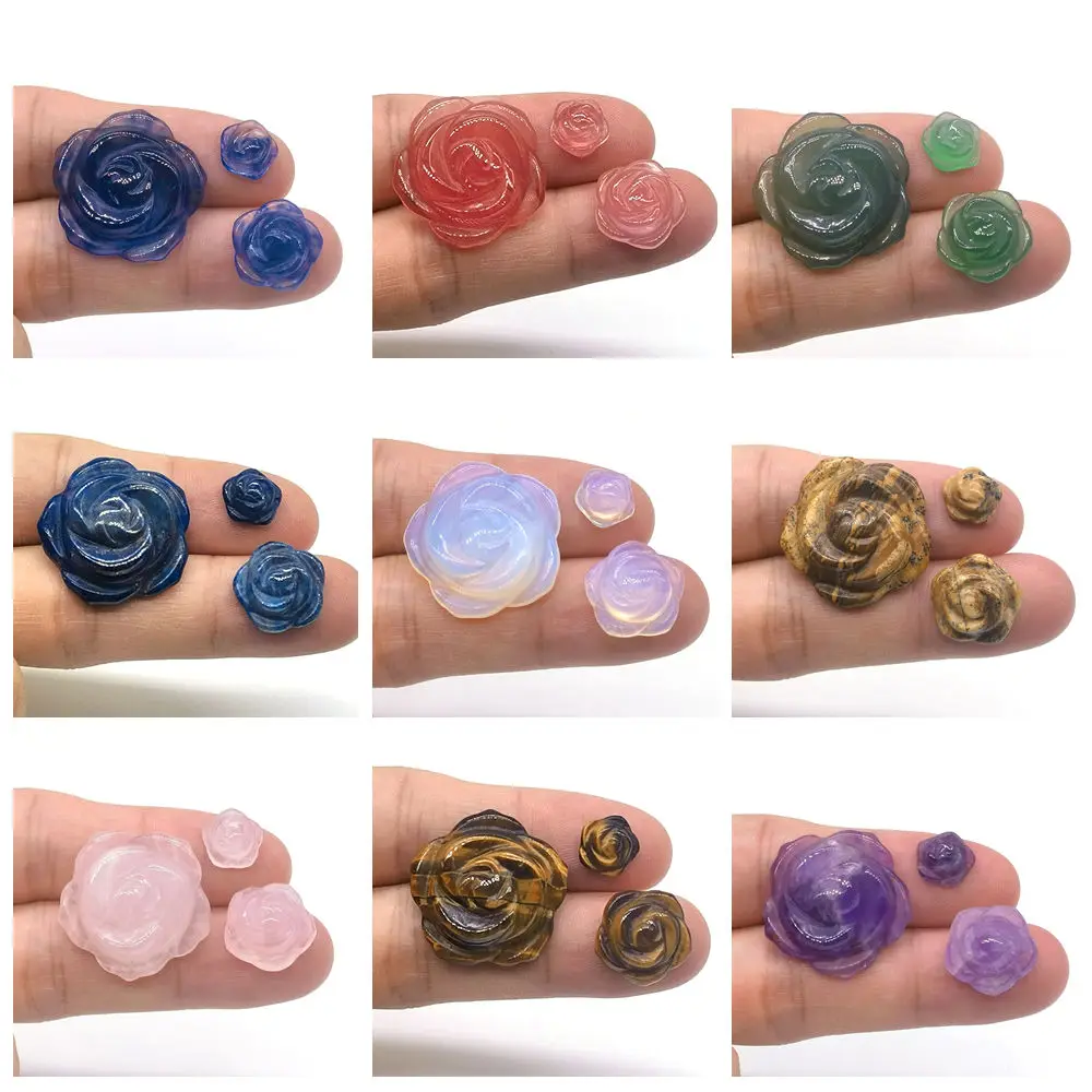 

3 Size Natural Crystals Stones Carved Rose Flower Figurines Amethyst Quartz Agate for Making Necklace Pendant Jewelry