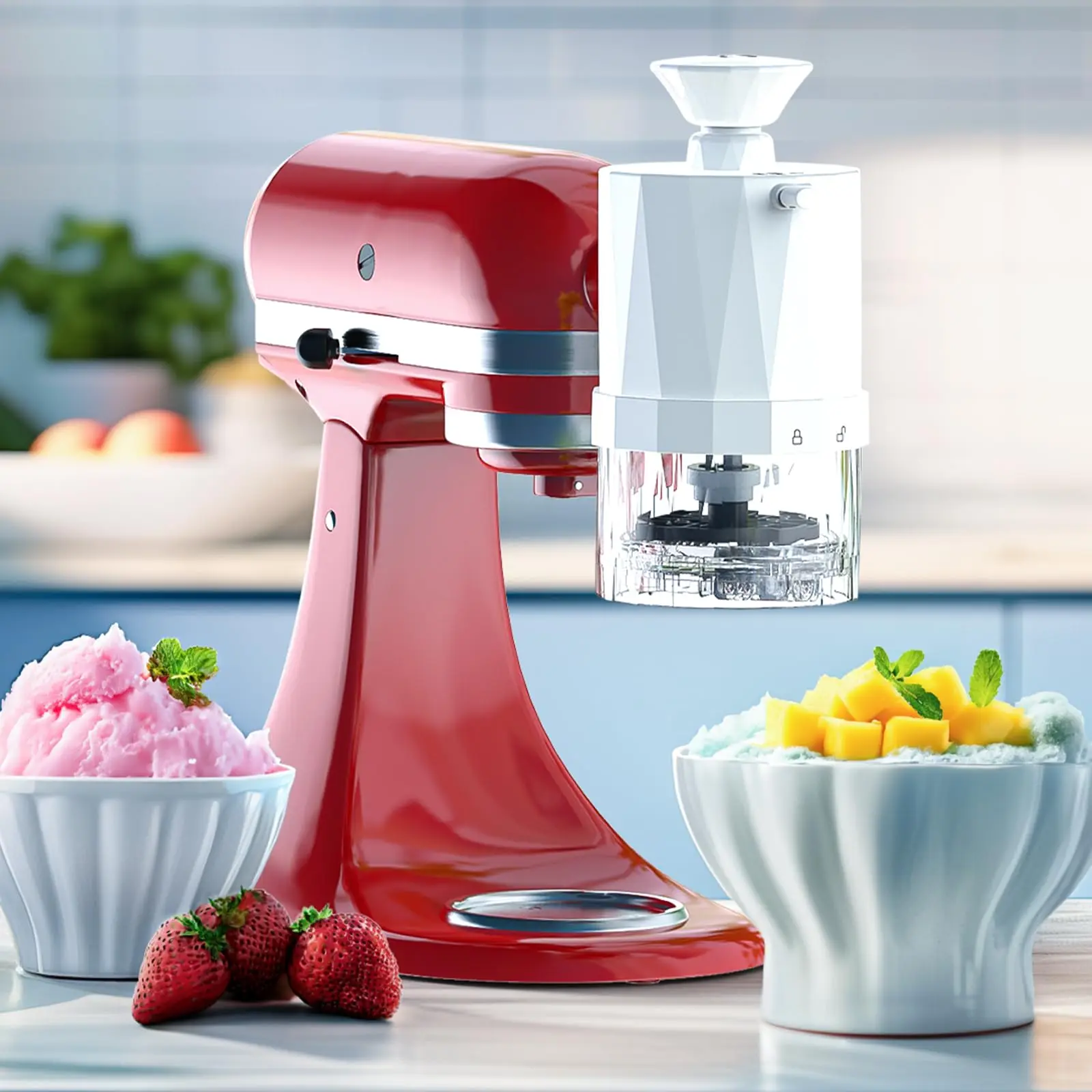 Shaved Ice Machine for KitchenAid Stand Mixer with Coarse and Fine Blades 8 Ice Cube Molds Snow Cone Maker