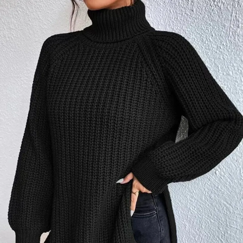 Women's Sweater Autumn Winter Solid Color Long Sleeve High Collar Knitted Top Soft Comfortable Loose Warm Office Ladies Pullover