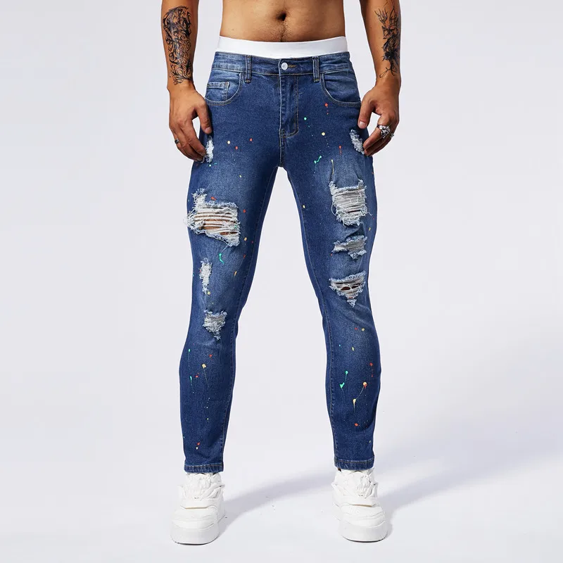 

Men's Ripped Jeans Slim Stretch Vintage Blue Paint Dot Hole Denim Pants Hip Hop Motorcycle Skinny Streetwear Male Brand Trousers