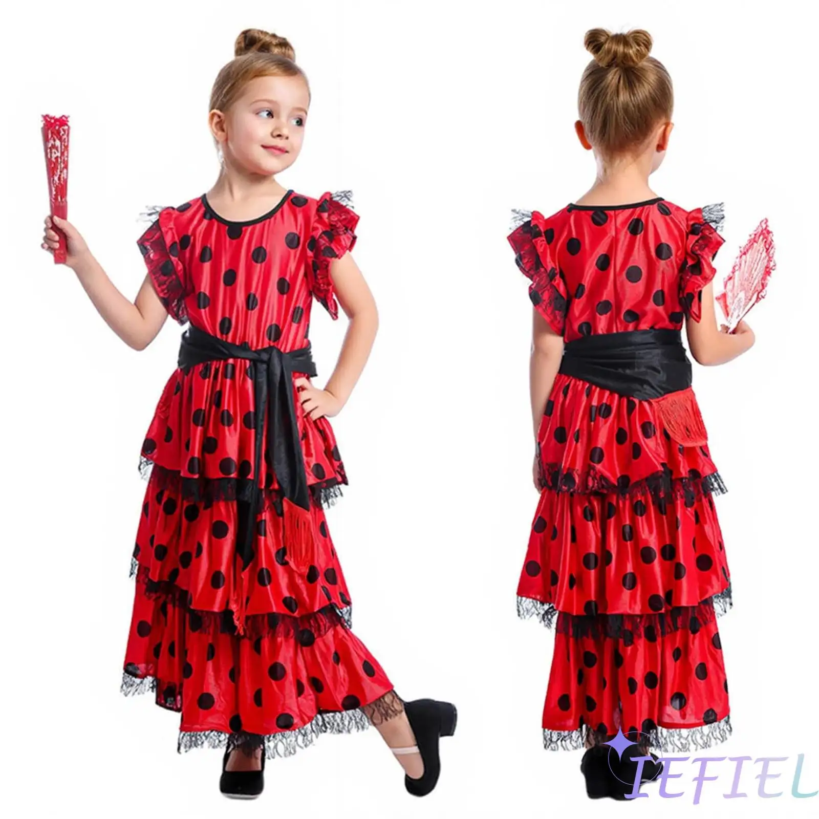 Girls Flamenco Performance Dress Round Neck Flying Sleeves Black Polka Dot Layered Ruffled Skirt with Fan And Detachable Belt