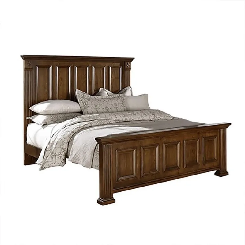 

American rural solid wood double bed, retro and old high back bed 1.8 meters large bed, simple master bedroom
