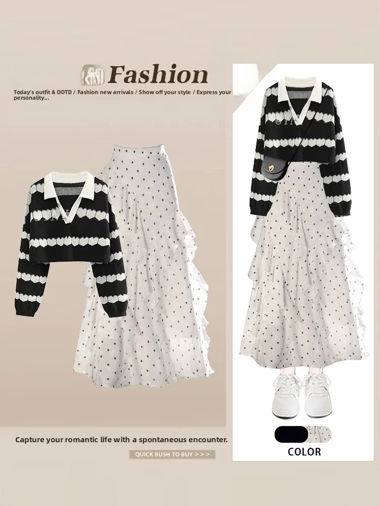 

Sweet Youth-Reducing Polka Dot Knitted Sweater Short Style Long Sleeve Women's Fashion Set with Ruffle Hem Skirt for Autumn