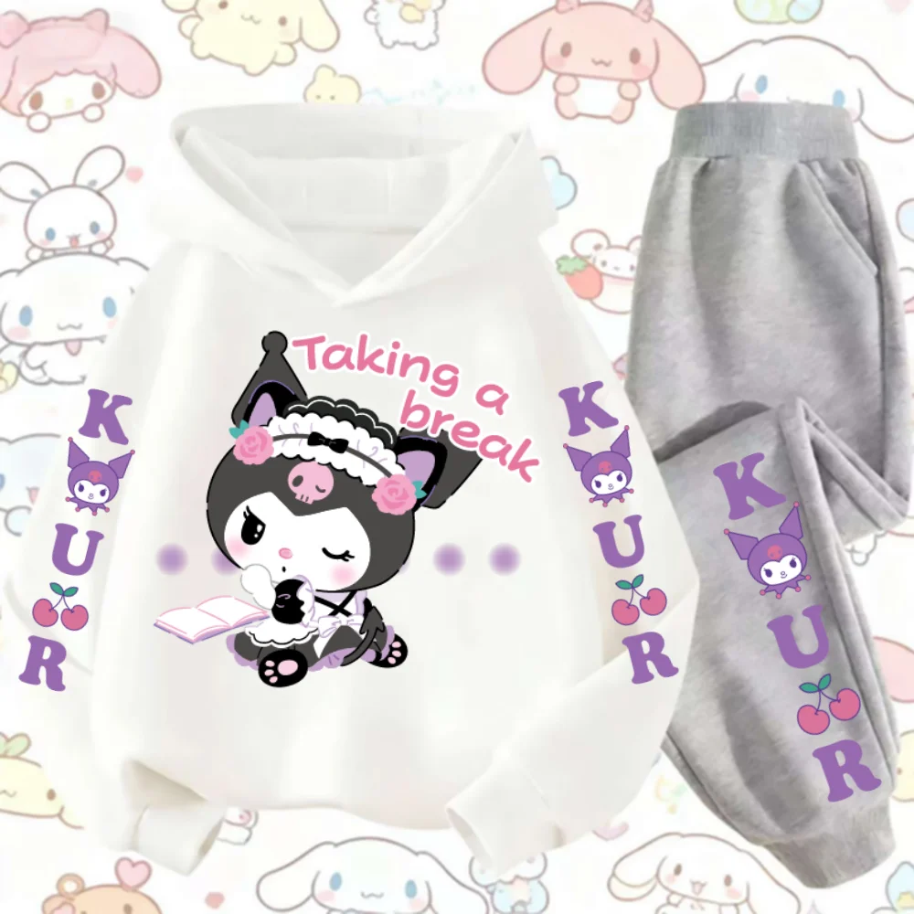 산리오 쿠로미 소녀들을 위한 패셔너블하고 편안한 야외 스포츠 후드티 & 캐주얼 바지 남녀 공용 가을 및 겨울용