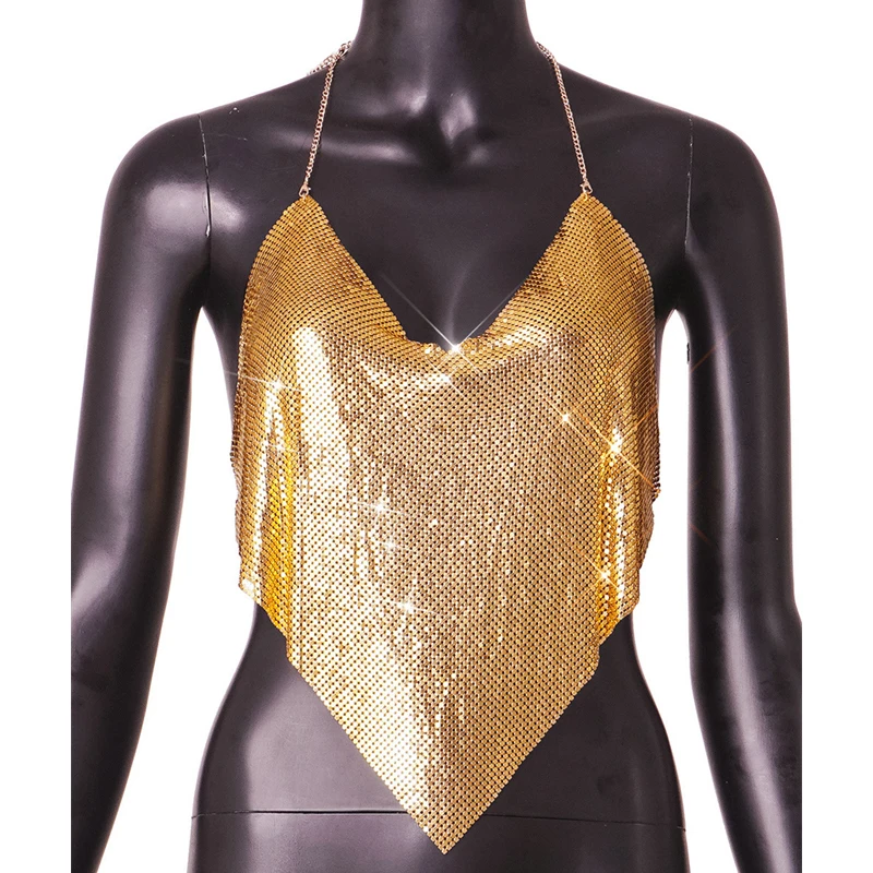 Damen-Tanktops: Goldfarbenes Metall-Mesh-Neckholder-Top mit glitzernden Strassketten, Wasserfallausschnitt, rückenfreies Crop-Top für Party und Clubwear – Luxuriöse Kleidung – Detail 7