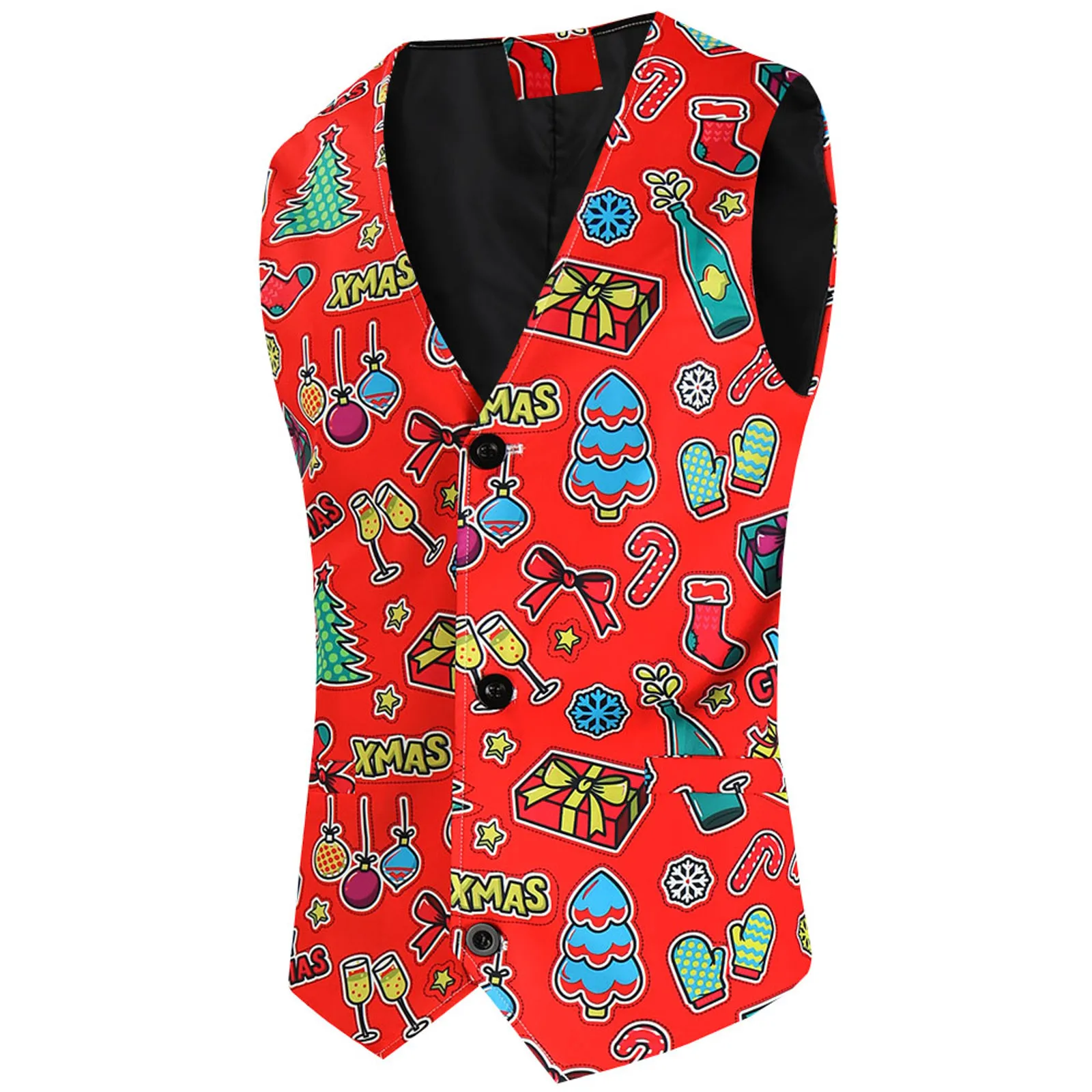 Christmas Theme Printed Pocket Single Breasted Vest Jacket Men Sleeveless V Neck Blazer Winter Fashion Slim Fit Suit Vest