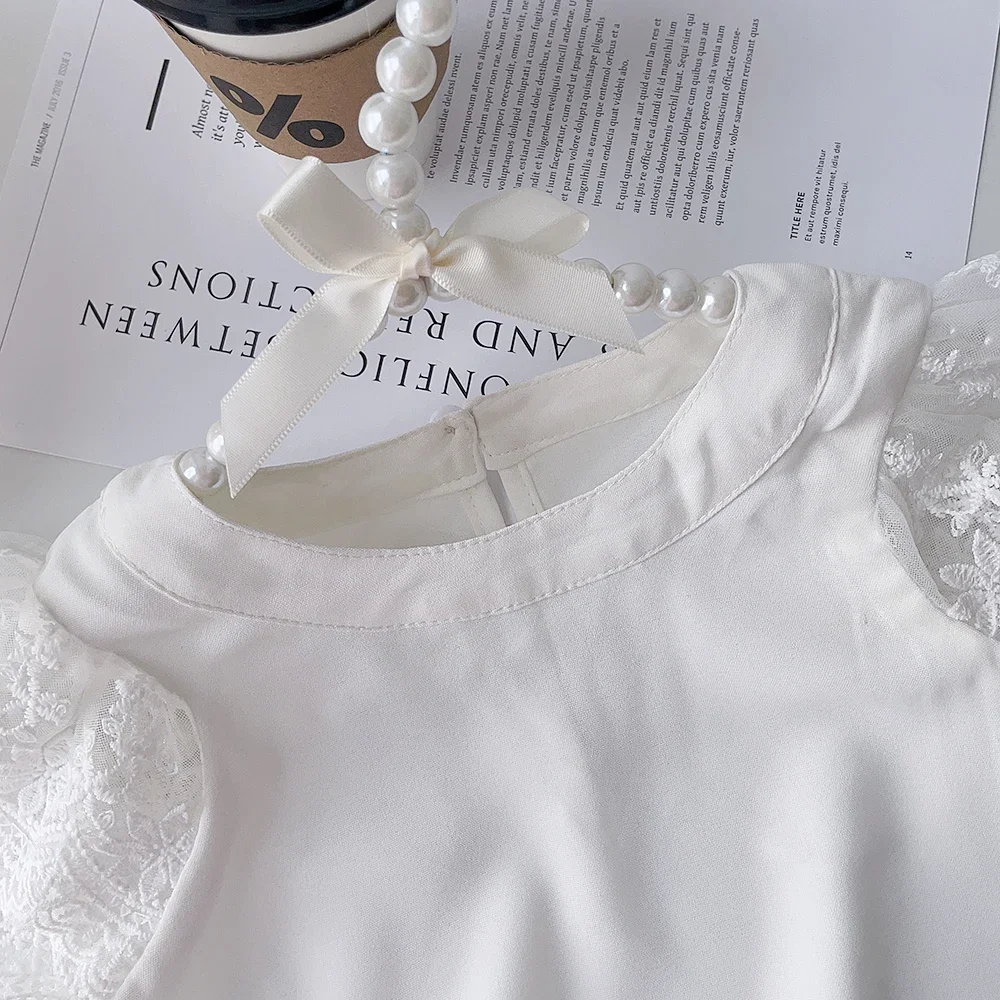 Summer New White Girls' Short Sleeved T-shirt Children's Lace Shirt Top Korean Version Fashion Basic Versatile 3