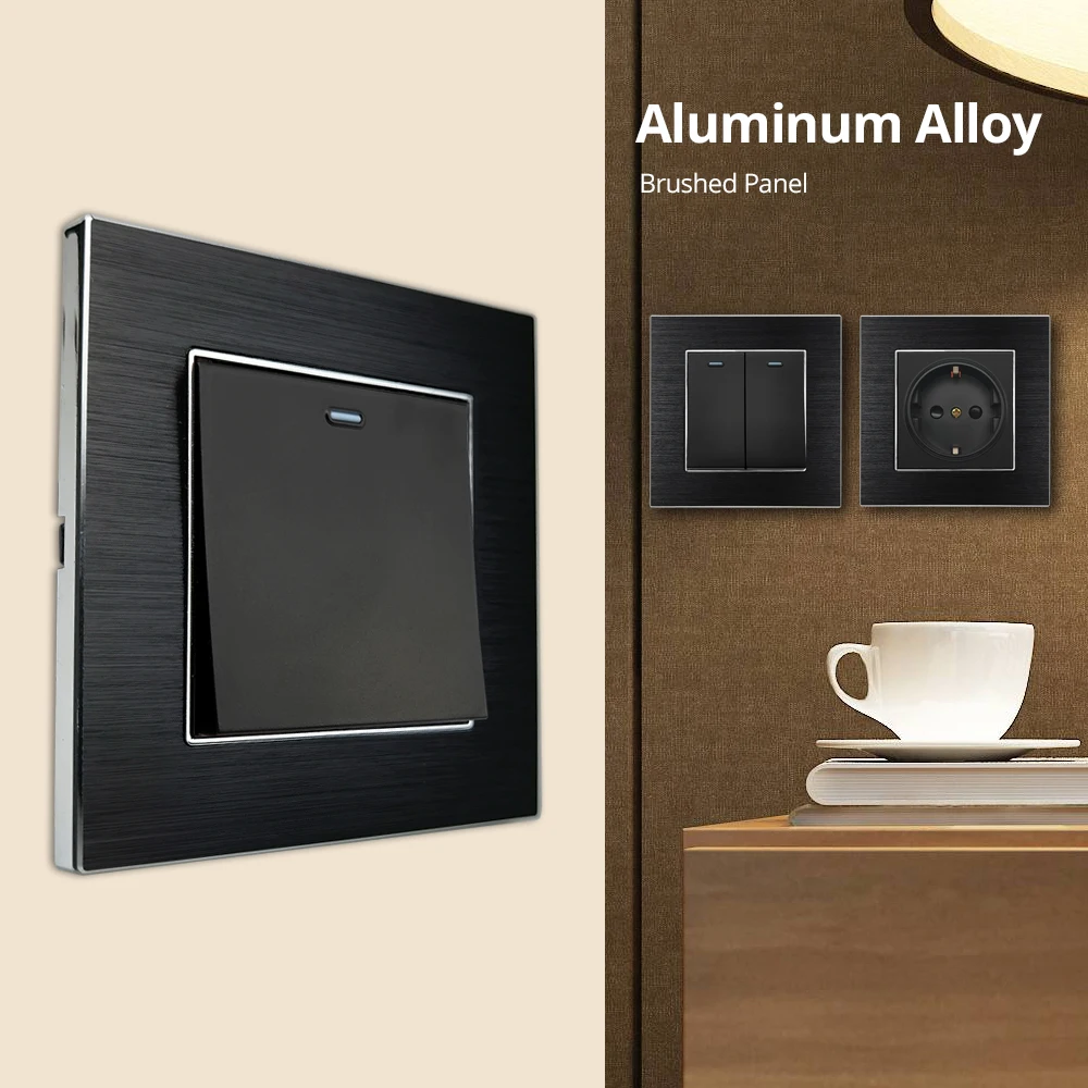 Wallpad Black Aluminum Alloy Panel EU Sockets And Switches LED Dimmer 1/2/3/4 Gang 1/2 Way USB Charge Outlet