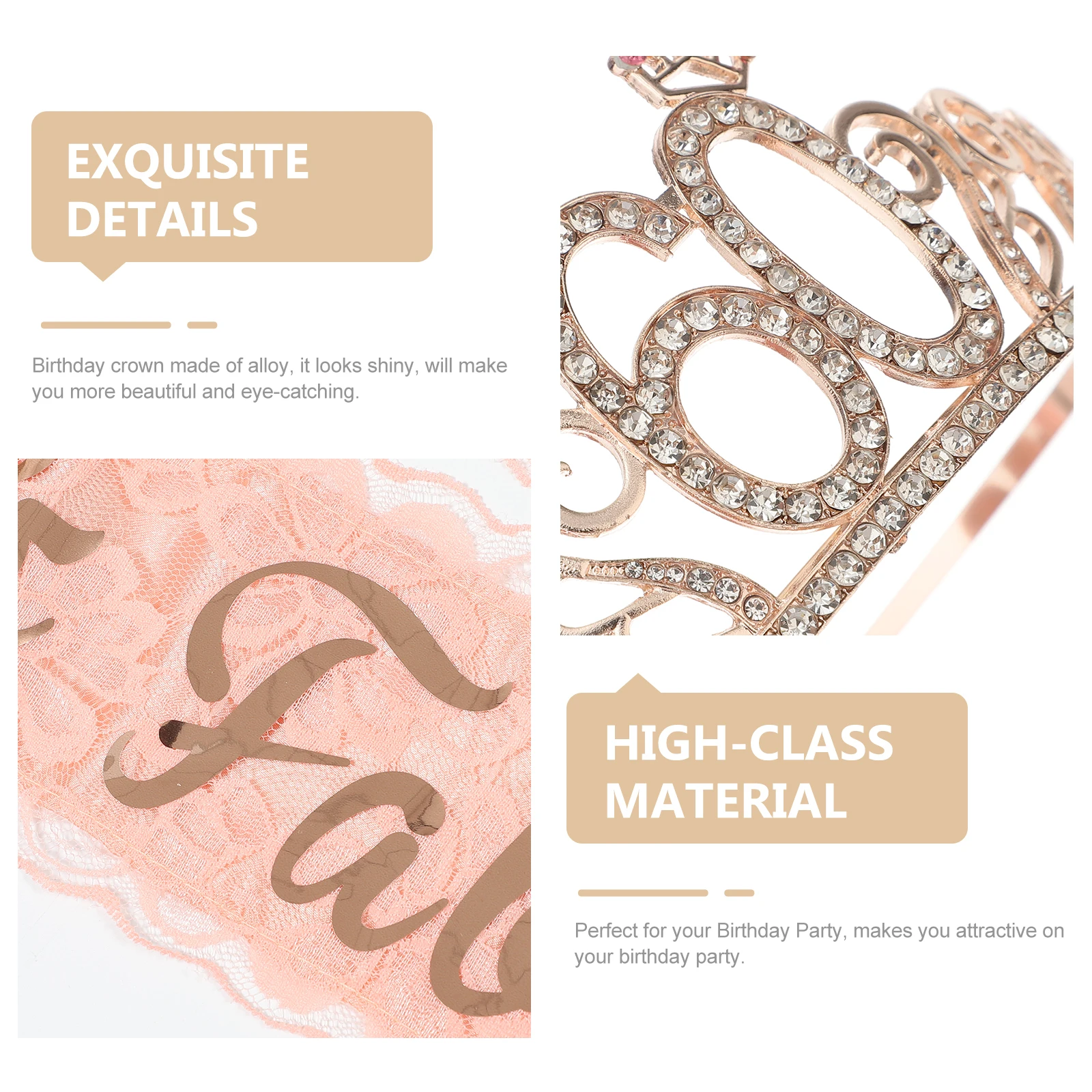 

Birthday Crown Sash Set Rose Gold Alloy Shiny Beautiful Eye catching Party Photography Prop Celebration Tiara Women