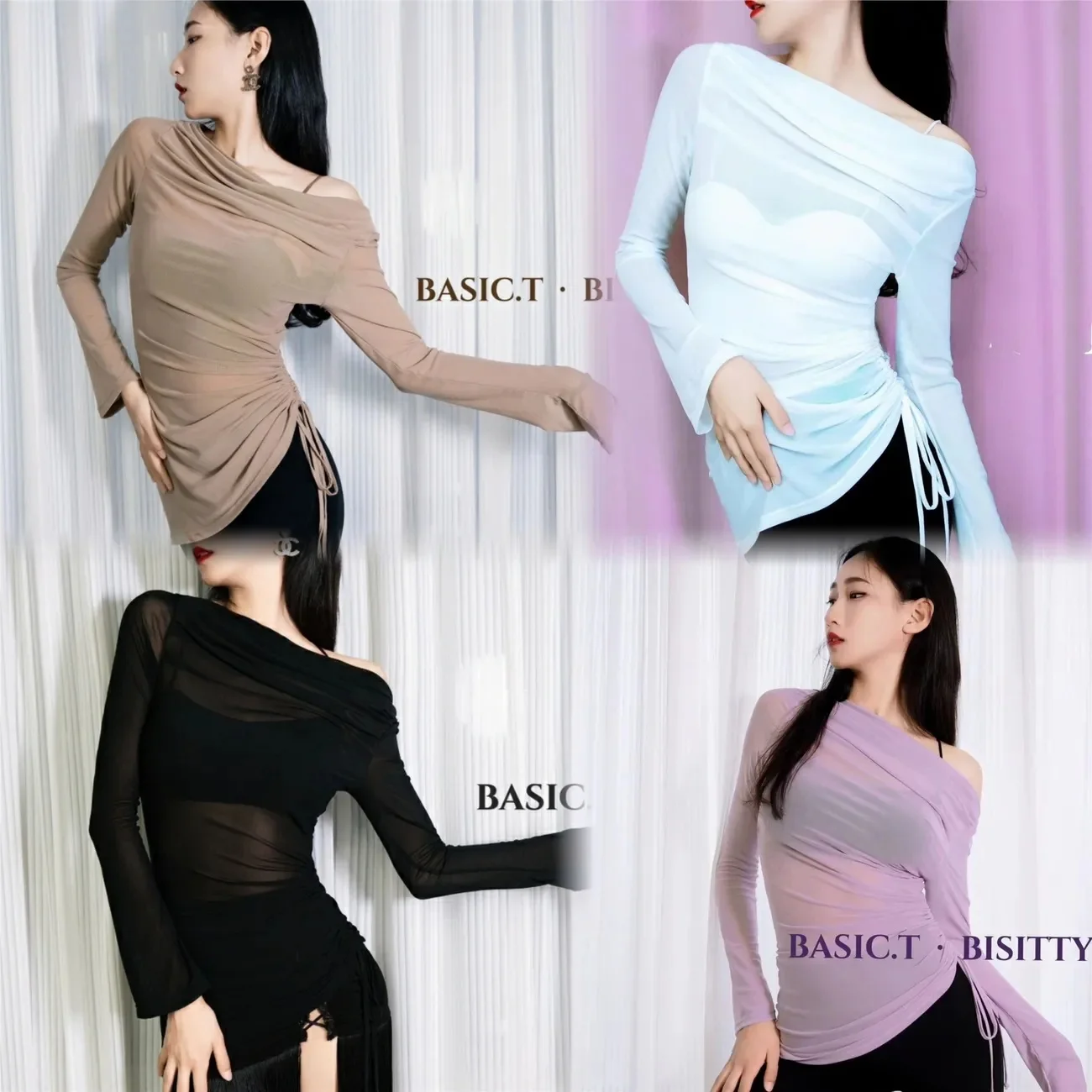 Adult Latin Dance Costume Women's Long Sleeve Mesh Drawstring Shoulder Sports Top Black Skin White Purple Yoga Fitness Clothing