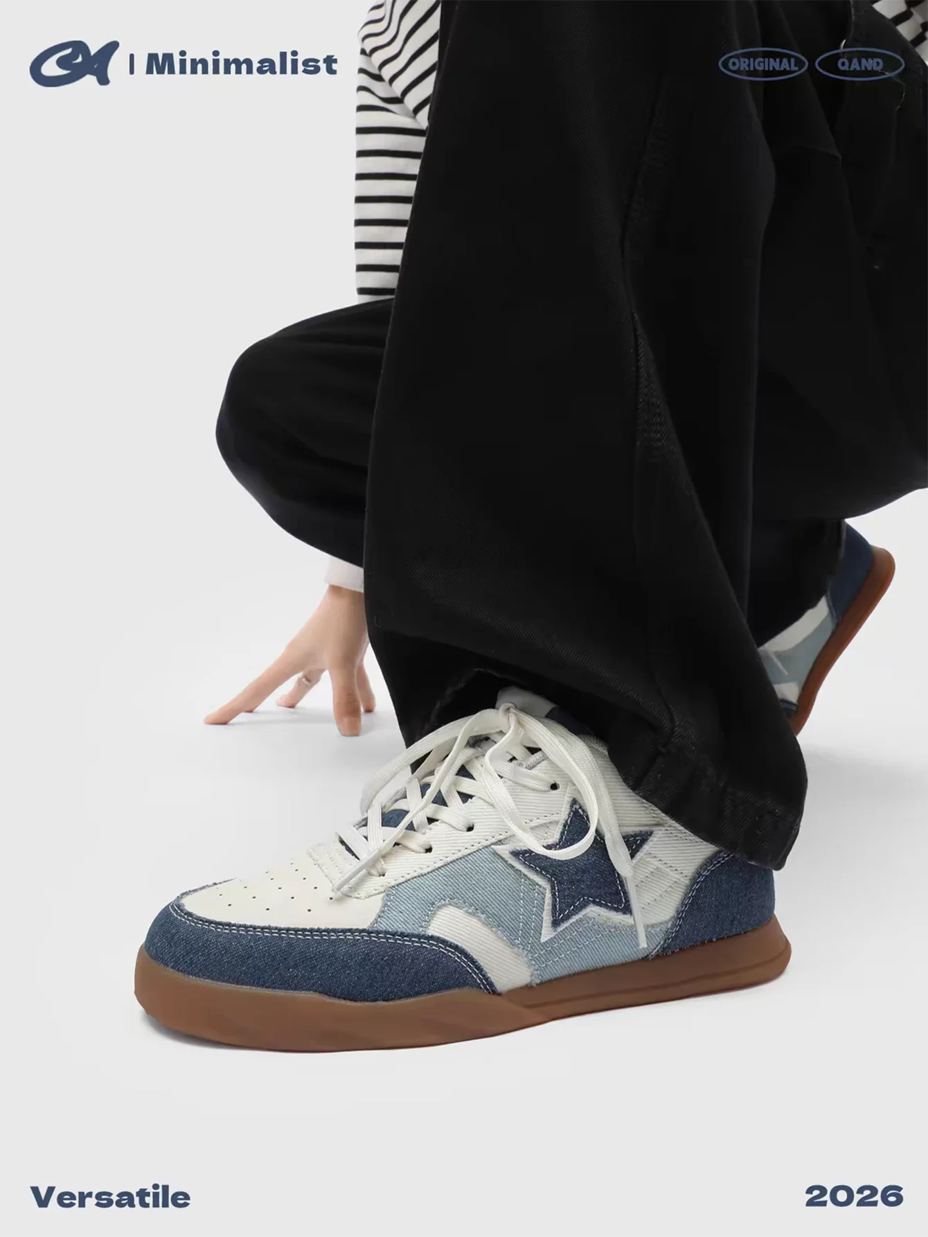 QAND Retro Denim Color-block Sneakers With star decorations TPR outsole unisex versatile casual sports shoes skateboarding shoes
