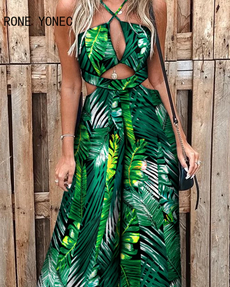 Women Tropical Print Sleeveless Halter Hollow Out Wide Leg Jumpsuit Women Casual Jumpsuit