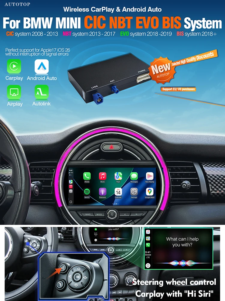 AUTOTOP Draadloze CarPlay Android Auto voor BMW Mini Cooper Clubman Countryman F55 F56 F54 F57 F60 R58 R60 R61 F54 CIC NBT EVO BIS - afbeelding 2
