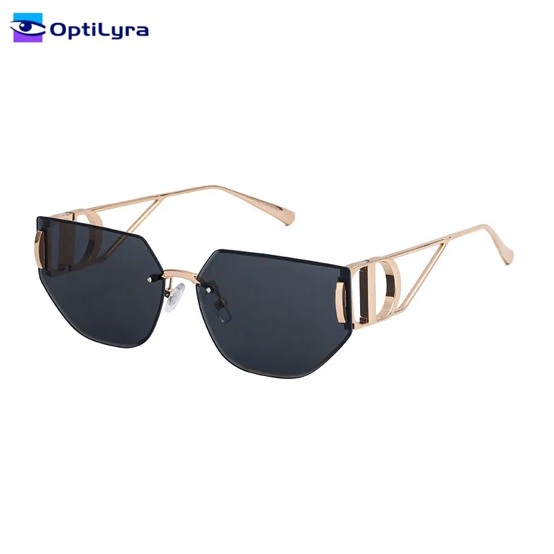 

OptiLyra Brand Women Luxury Rimless Cat Eye Sunglasses With Metal Hollow Temples Summer Vacation Sunglasses UV Protection 400