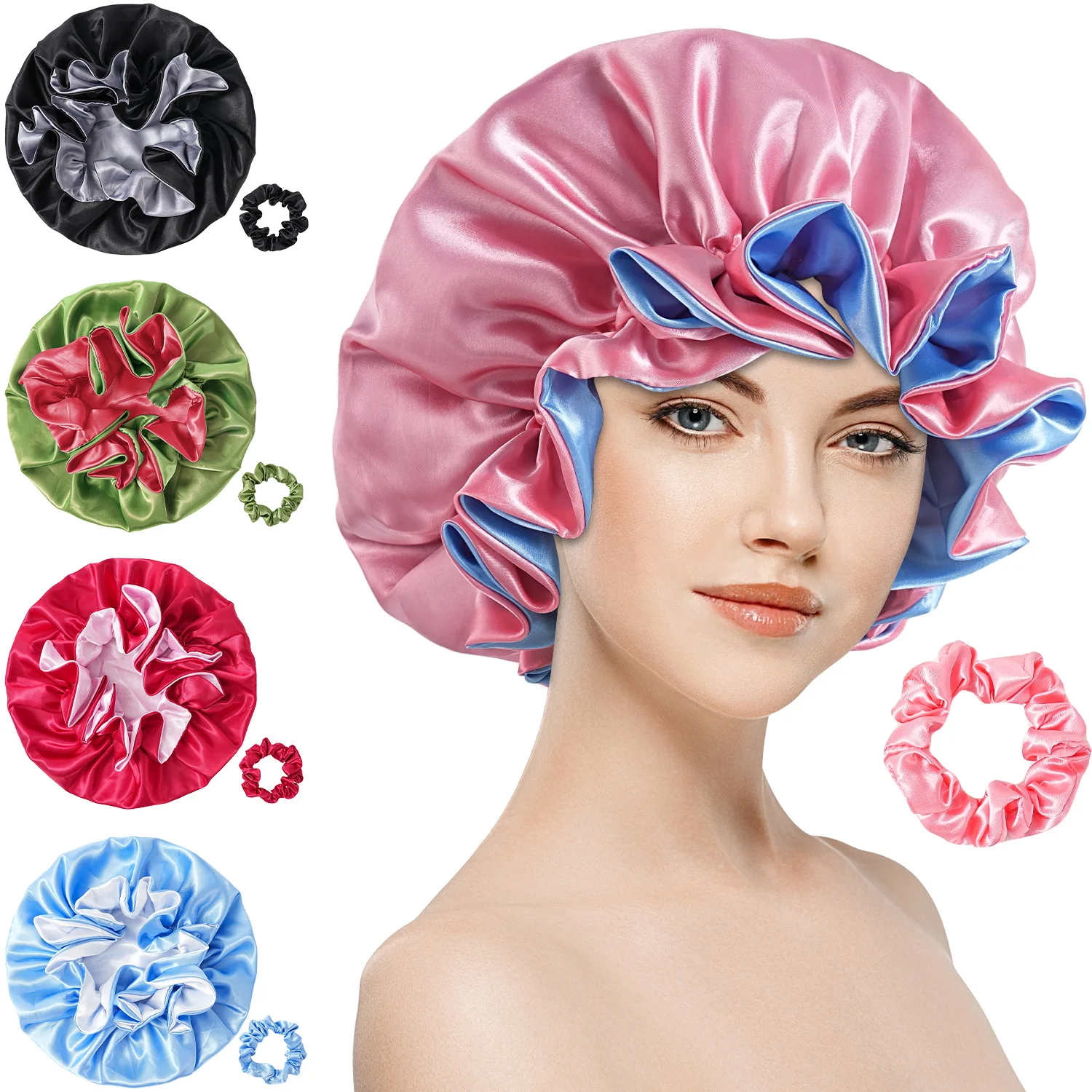 

Satin Bonnet Double Layer Colorful Big Flower Edge Sleep Cap Extra Large Round Cap Hair Protective Breathable