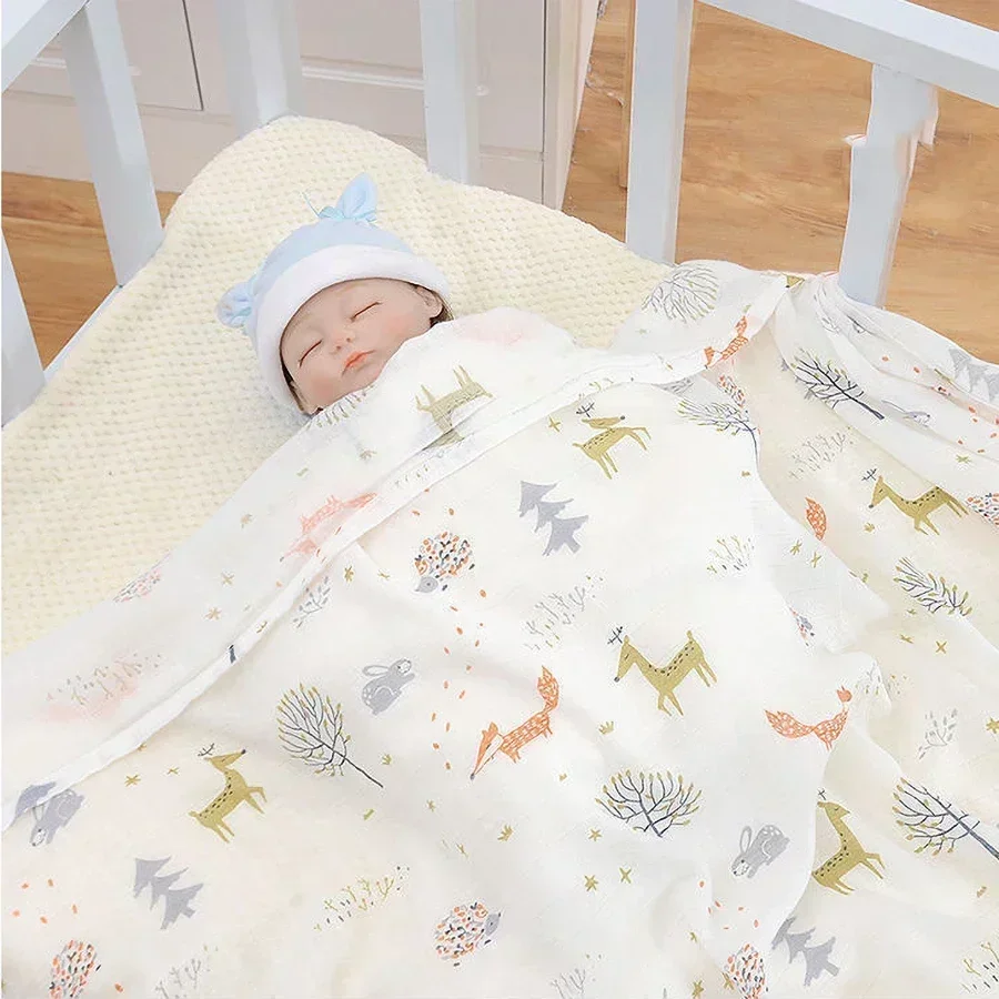 Baby Bath Towel Muslin Cotton Double Layered Swaddle Wrap Blanket Cartoon Print Newborn Soft Gauze Stroller Cover Blanket